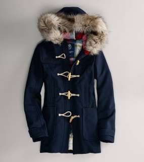 American Eagle AE Womens Wool Toggle Hooded Coat Jacket Faur Fur Navy 