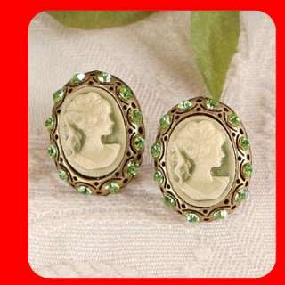 Green Vintage Style Crystal Stud CAMEO Earrings AE4  