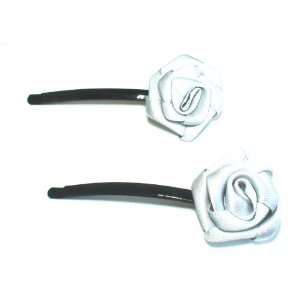   New Trendy Grey Silk Fabrics Rose Flower Hairpin Hair Clip Set Pair