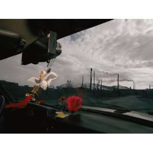 View from Inside a Car of Smokestacks Spewing Pollution into the Air 