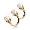 Lady 3 Pearl Beads Vintage Bronze Retro Style Double two Finger Ring 