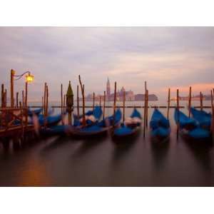 Anchored Gondolas at Twilight, Venice, Italy Travel Photographic 