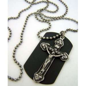  Hip Religious Black Dog Tag Cross Catholic Necklace 