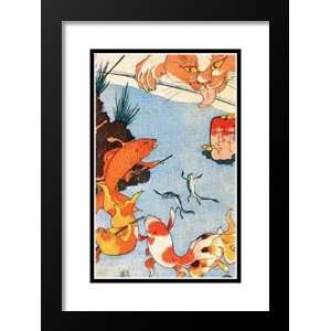 Vintage Japanese Framed and Double Matted Art 25x29 Goldfish And Cat