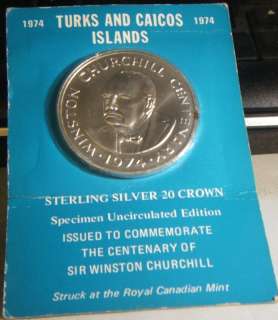 1974~TURKS & CAICOS ISLANDS~20 CROWN SILVER~CHURCHILL  