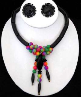 Vintage Black Jet Glass Rainbow Festoon Necklace ERs  