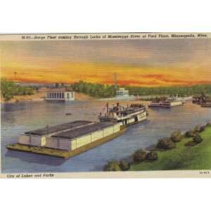  Barge Fleet at Locks of Mississippi Post Card 50s 