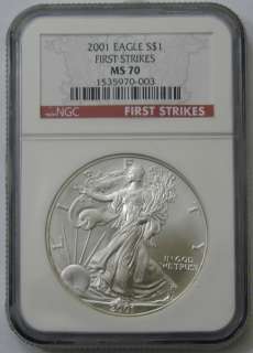 2001 NGC MS70 FIRST STRIKE AMERICAN SILVER EAGLE COIN, POPULATION 16 