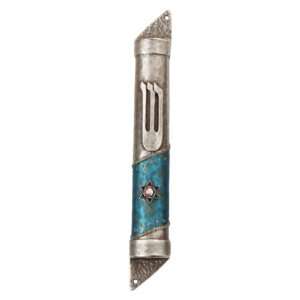  Semicircle Pewter Mezuzah with Blue and Gold Flowers, Star 
