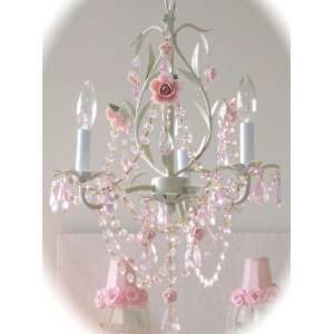  3 Light Sage Chandelier with Pink Roses