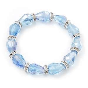 Light Blue Glass Bead With Clear Crystals Silver Rings Flex Bracelet 