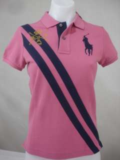 NWT Ralph Lauren Misses POLO SHIRT Big Pony Mallet Crest Pink Navy XS 