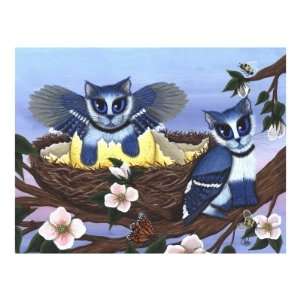 Blue Jay Kittens  Bird Cats Giclee Poster Print by Carrie Hawks 