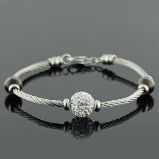 Stainless Steel White Crystal Ball Twisted Cord Greek Key Womens 