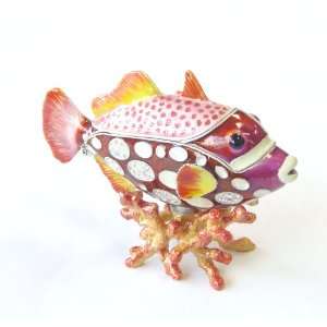  Bejeweled Tropical Fish on Coral Trinket Box w/ Crystals 