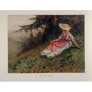 1912 Traumerei Girl Landscape Muller Cassel Engraving   Original Print