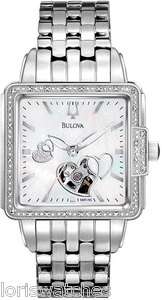   96R155 WOMENS SQUARE DIAL AUTOMATIC WATCH WITH OPEN HEART, DIAMONDS