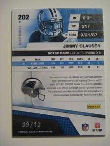 2010 Panini Jimmy Clausen Panthers Notre Dame Auto 9/10  
