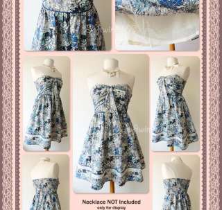   Blue Tone Floral Print Strapless/Halter FULL Flare Skirt Cotton Dress