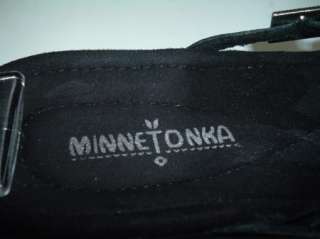 MINNETONKA Black Leather Toe Loop Slide Wedge Sandasl 7  