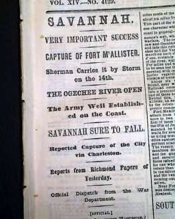 SAVANNAH GA William T. Sherman 1864 Civil War Newspaper  