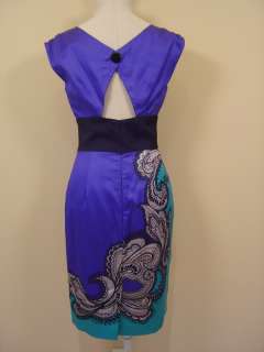 Trina Turk Blue Vneck Paisley Silk Dress NWT $348  