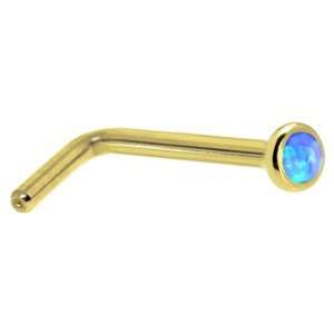   Gold 2mm Blue Synthetic Opal L Shaped Nose Ring   18 Gauge Jewelry