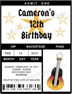 ROCK N ROLL BAND STAR Birthday Party Ticket Invitations  