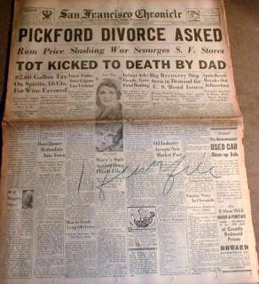   newspaper w Big headline MARY PICKFORD divorce from DOUGLAS FAIRBANKS