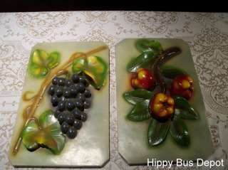 Mid Century Pair Chalkware 3D Fruit Plaques Wall Art  