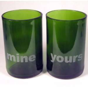 YOURS, MINE Repurposed Green Wine Bottle Tumblers Kitchen 