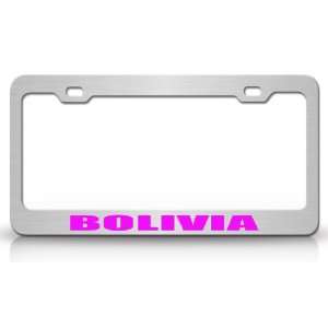 BOLIVIA Country Steel Auto License Plate Frame Tag Holder, Chrome/Pink