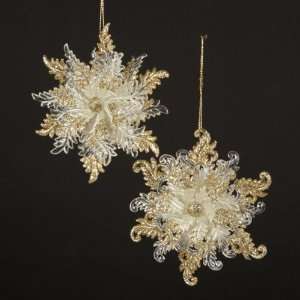   of 24 Ivory with Gold Glitter Snow Blossom Christmas Ornaments 4.75