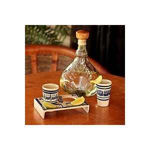NOVICA Majolica ceramic tequila glasses, Blue Agave (set for 2 