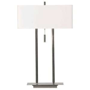  Boxy Chrome Table Lamp With Cream Linen Shade
