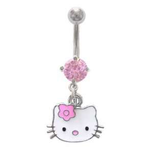 Hello Kitty Head Face w/ Pink Flower dangle Belly navel Ring piercing 