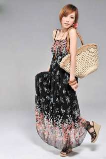   new boho style ladys maxi dress flowers pattern chiffon beach dresses
