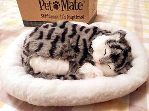 Pet Mate Sleeping Breathing Cat Grey Tabby Munchkin Kitty w/bed  