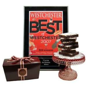   Box 8 of cocoas award winning brownies in a ribbon wrapped brown box