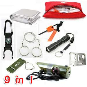 Survival kit LED flashlight+wire saw+fire starter+emergency blanket 