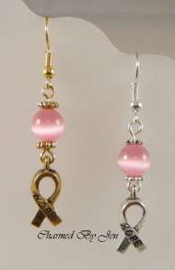 BREAST CANCER Awareness Cats Eye Earrings w/ HOPE Ribbon Charms