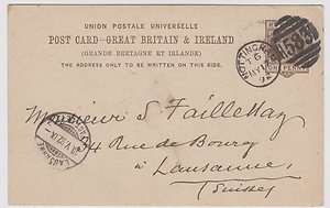Great Britain Nottingham to Switzerland 1892 Card  