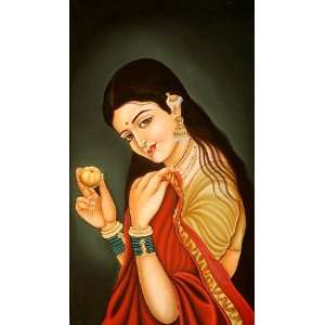 Portrait of a Damsel Holding an Apple   Water Color Painting On Cotton 