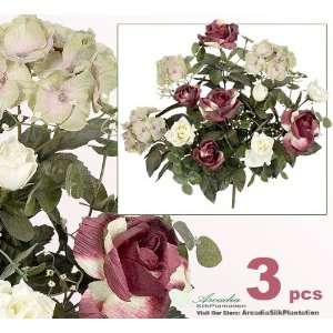 Three 17 Artificial Mandy Rose/Hydrangea Mixed Silk Flower Bushes