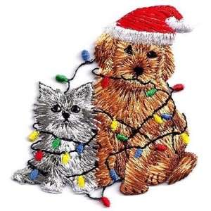  Christmas Cat & Dog w/Xmas Lights/Iron On Embroidered 