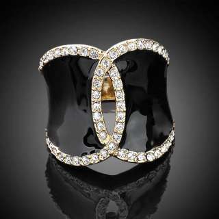 14K Gold Plated Gold tone,Pave Swarovski Crystal Black Enamel Ring 