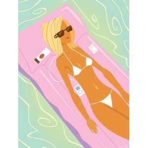  Woman Sunbathing with Music Player, Floating on Raft in 