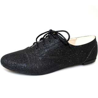 Glitter Oxfords Flat Heel Lace Up Sneaker Shoes Blk 6.5  
