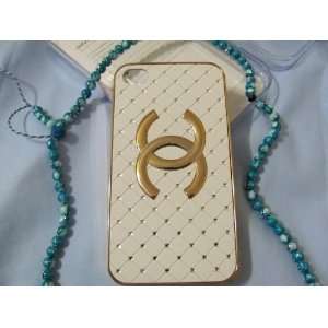 Bling Diamond Luxury Chanel White Color with Gold Logo Case for Iphone 