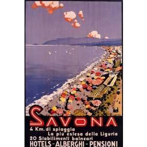 SAVONA BEACH UNBRELLAS ITALY ITALIA SMALL VINTAGE POSTER 